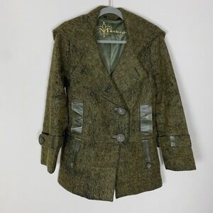 Vintage Mackage Coat Peacoat Women Small Green Wool Mohair Cashmere Leather Trim
